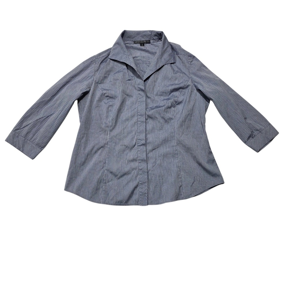 Lafayette 148 New York Striped Button Up Shirt Womens 10 Blue Cotton Lurex